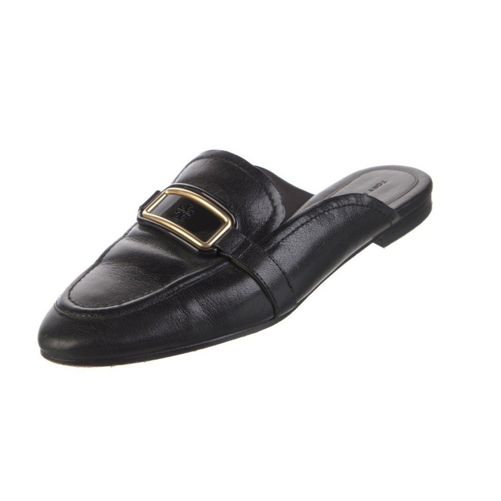 Tory Burch Georgia Backless Loafer Mule 8M Black Leather Gold Buckle Flat Chic
